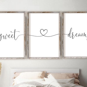 Sweet Dreams With Heart Wall Art Set, Bedroom Wall Art, Good Night, Quote Poster, Beauty Sleep, Line Art Heart, Bed over, Printable, Instant