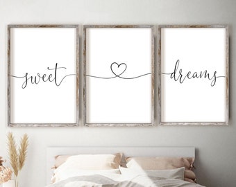 Sweet Dreams With Heart Wall Art Set, Art mural de chambre à coucher, Bonne nuit, Affiche de citation, Sommeil de beauté, Coeur d&#39;art en ligne, Lit au-dessus, Imprimable, Instantané