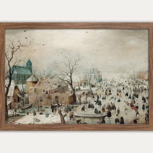Vintage Winter Landscape, Snow Painting, Ice Skating, Winter City, Cozy Winter, Rustic Winter, Vintage Christmas, Festive, Winter Poster