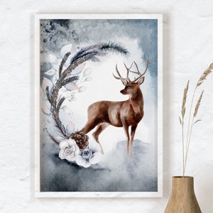 Arte de parede de cervo em aquarela, impressão de veado, pôster de fanfarrão, impressão de Natal, inverno temperamental, Natal temperamental, renas, chifres, arte de parede de veado