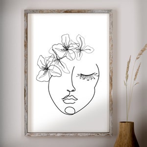 Cabeza de flor línea arte cara mujer, boceto femenino abstracto, mujer con cabeza de flor, decoración minimalista de la pared, arte de pared imprimible, pestañas de flores