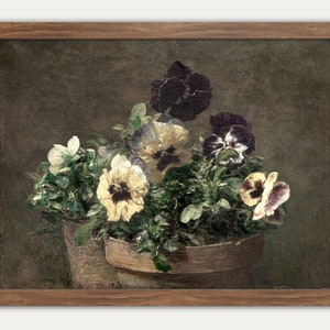 Pansy Flower Art, Potted Pansies, Still Life, Vintage Floral Print, Floral Still Life, Vintage Pansy Print, Pansy Flower Print, Yellow pansy