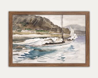 Watercolor Coastal Painting, Printable Wall Art, Seascape, Vintage Poster, Beach House Decor, Sails, Moody, Muted, Idle Sails