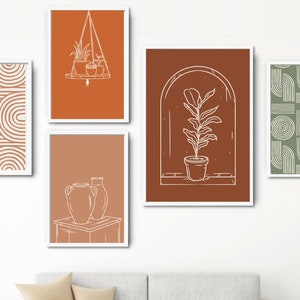 Wall Art Set of 5, Wall Decor, Terracotta, Burnt Orange, Sage Green, abstract boho art, Mid Century Modern, Abstract Plants, Boho Rainbow