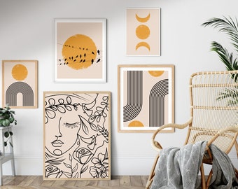 Line Art, Wall Art Set of 5, Abstract Boho Sun Prints, Vintage Sun decor, Terracotta Prints, Beige Wall Decor, moon phases, one line face