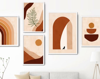Set of six prints Boho art Instant download Wall decor One line print Abstract shapes Terracotta art Printable posters Organic rainbow Sun