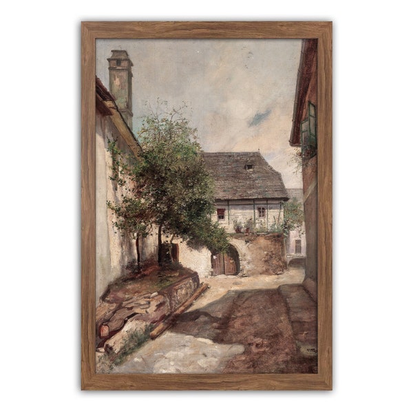 Vintage Country House, Courtyard Painting, European Village, Vintage Kitchen Art, Farmhouse Kitchen, Famous Art Print, Warm Tones