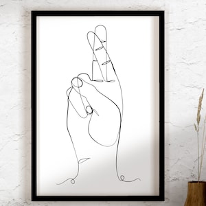 Fingers Crossed Printable Wall Art, Good Luck Print, Black and White Wall Art, Modern Minimal Wall Decor, Line Art Fingers