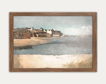 Vintage Küstenbild, druckbare Wandkunst, Meereslandschaft, druckbare Wandkunst, Vintage Poster, Strandhaus Dekor, Ölgemälde, Moody, gedeckt