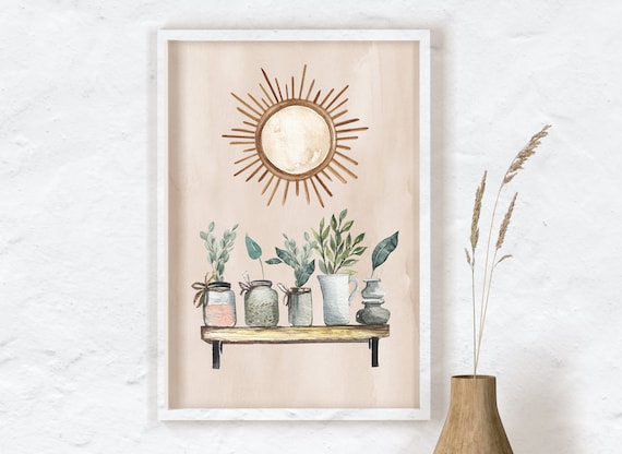 Boho Wall Art, Plant Shelf, Cozy Wall Decor, Boho Printable, Watercolor Boho Wall Art, House Plants, Botanical Interior Print, Succulents
