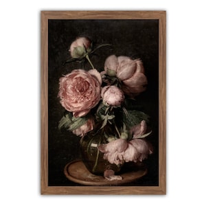 Peony Wall Art, Pink Peonies, Flower Still Life, Moody Decor, Vintage Floral Print, Dark Floral Still Life, Moody Vintage Flower Print