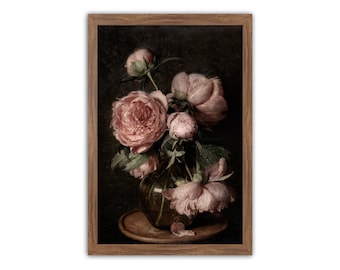 Peony Wall Art, Pink Peonies, Flower Still Life, Moody Decor, Vintage Floral Print, Dark Floral Still Life, Moody Vintage Flower Print