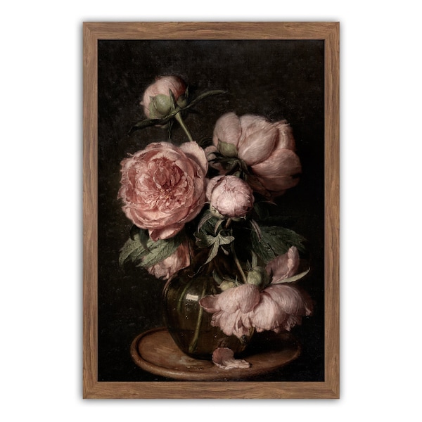 Peony Wall Art, Pink Peonies, Flower Still Life, Moody Decor, Vintage Floral Print, Dark Floral Still Life, Moody Vintage Flower Print