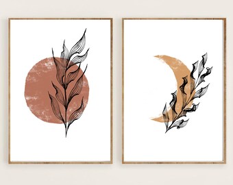 Wall Art Set of 2, Terracotta Sun and Moon Print Set of 2, Vintage moon and sun, Abstract Sun, Flower moon, Minimal wall art, Boho decor,
