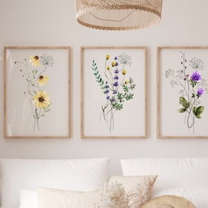 Wildflower Wall Art Set of 3, Watercolor Wildflowers, Botanical Wall Art, Floral Wall Print, Boho Decor, Neutral Wall Decor, Watercolor Art