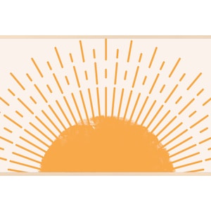 以下が含まれることがあります： オレンジ色の円から外側に放射状に伸びるオレンジ色の光線を備えた、スタイリッシュな太陽の額装されたプリントです。