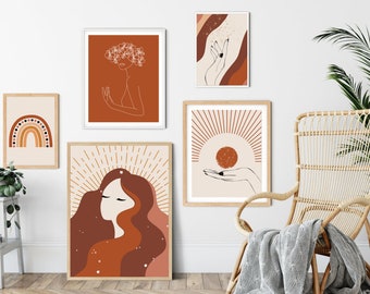 May include: Set of five minimalist art prints with a boho aesthetic. The prints feature line drawings of a woman with flowers in her hair, a hand holding a sun, a rainbow, and two more abstract designs. The prints are framed in natural wood frames and are displayed on a white wall.
