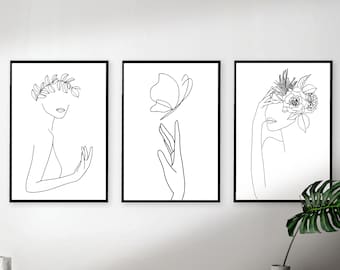 One Line Woman Art print Set of 3, Line Art Printable, Line Art Woman Body, Female Face, Flower Head, Minimalist Print, Plant Head