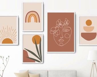 Ensemble d’art mural de 5, ensemble d’art bohème abstrait de 5 tirages, impressions en terre cuite, décor mural DIY, décor bohème | Line Art Imprimable au mur