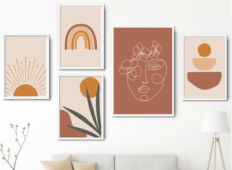 Wall Art Set of 5, Abstract Boho Art Set of 5 Prints Bundle, Terracotta Prints, DIY Wall Decor, Boho Decor | Line Art Wall Printable 