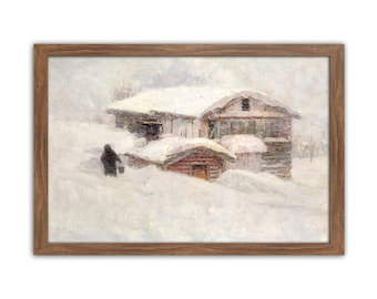 Snow Storm Village, Vintage Snow Painting, Vintage Winter Oil Painting, Vintage Winter, Snow Landscape, Snow Storm, Snow City, Neutral, Cozy
