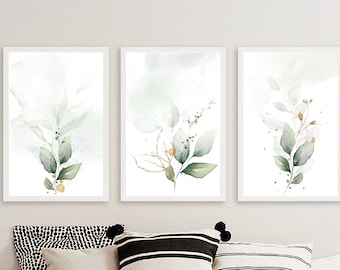 Eucalyptus Wall Art Set of 3, Plant Art, Eucalytus Branch, Botanical Wall Art, Watercolor Eucalyptus, Muted, Greenery wall Art, Gold Green
