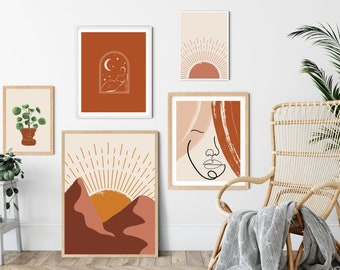 Wall Art Set of 5, Abstract Boho Art Set of 5 Prints Bundle, Terracotta Prints, DIY Wall Decor, Boho Decor | Line Art Wall Pilea