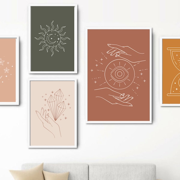 Wall Art Set of 5, Wall Decor, Abstract Sun Moon Phase Printable, Celestial Wall Art, Hourglass Print, Wall Decor set, Crescent Moon Art