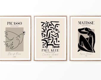 Set of 3 Henri Matisse, Paul Klee, Picasso, Beige Wall Art, Museum Wall Art, Museum Poster Set, Neutral, Minimalist, Contemporary, Download