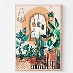 May include: A watercolour painting of a room filled with plants. The plants are in various pots and hanging from the ceiling. The room has a window with an arched top and a peach-coloured wall. The floor is covered in a black and white chequered pattern.