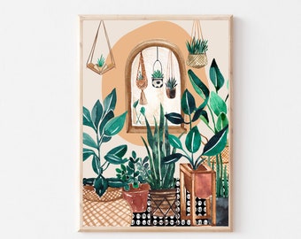 Plantas de la casa Boho, Plantas colgantes, Macramé colgante, Estampados de pasillo, Estampado de plantas de la casa, Dama de la planta, Ilustración de la planta, Decoración de la pared Boho