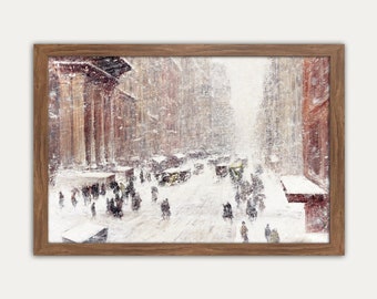 Snow Storm on Fifth Avenue, Snow Painting, Vintage Winter Decor, Vintage Winter, Snow Landscape, Snow Storm, Snow City, Neutral, Cozy