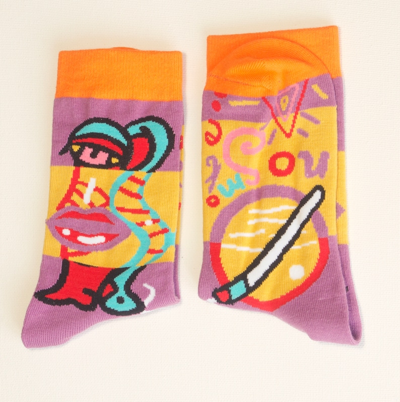 Funky Purple /& Yellow Cartoon Abstract Socks