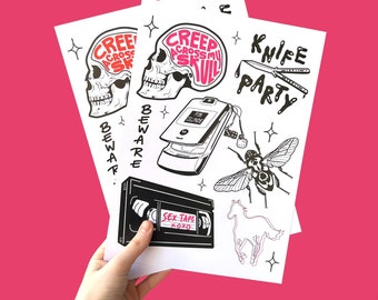 Deftones Tattoo Flash Print (A4 in pink or red)
