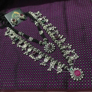 Oxidized handmade Maharashtrian saaj necklace, red stone mangalsutra & earrings | Bollywood Jewelry | Women | Indian Traditional