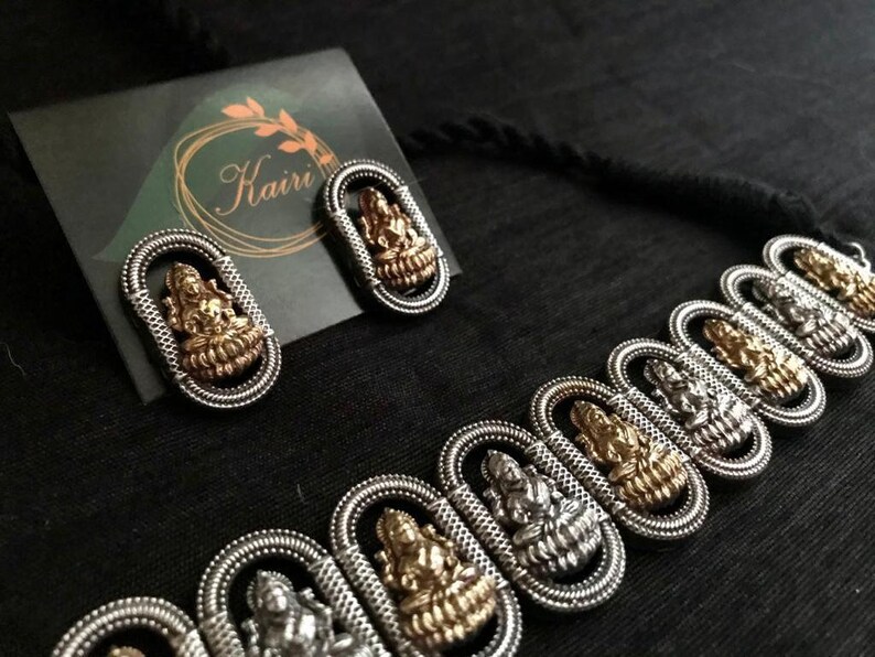 Bollywood Indian Jewellery Oxidized handmade intricate dual tone laxmi necklace /& earring Necklace for Women Trendy Indian Jewelry