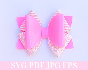 May include: A pink and white striped bow with a pink center and glitter accents. The bow is made of fabric and is perfect for adding a touch of whimsy to any outfit.