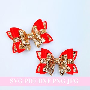 May include: Two red hair bows with gold glitter centers and accents. The bows are arranged on a white background. The text "SVG PDF DXF PNG JPG" is printed in a pink banner at the bottom of the image.