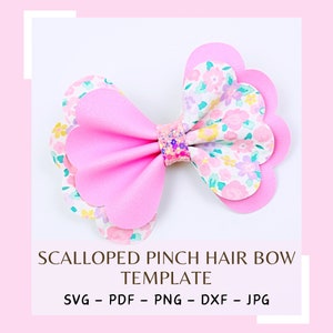 Puede incluir: Plantilla de lazo para el pelo con pinza festoneado en rosa y estampado floral. SVG - PDF - PNG - DXF - JPG.
