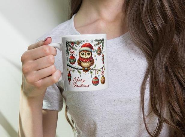 Christmas Owl Mug With Festive Ornaments and Merry Christmas Text, Holiday Coffee Mug, Owl Sitting o