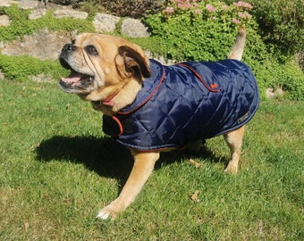 Navy & red quilted shower proof bespoke made dog coats