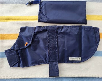 Lightweight spring / summer waterproof handmade navy dog coat in carry bag