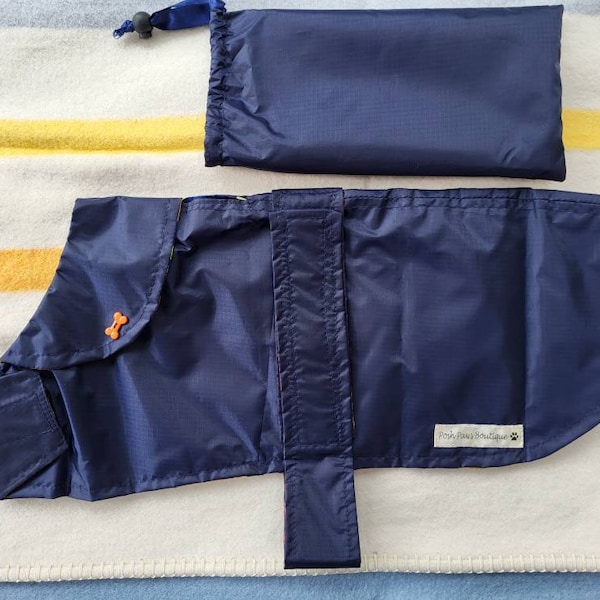 Lightweight spring / summer waterproof handmade navy dog coat in carry bag