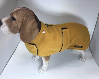 Mustard and navy fleece dog coat with harness hole