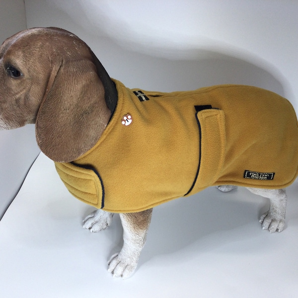 Mustard and navy fleece dog coat with harness hole