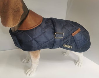 Navy blue quilted dog coat with genuine leather trims