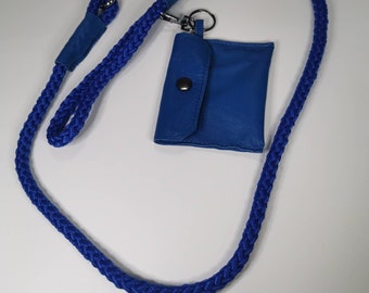 Royal blue handmade rope dog lead with trigger hook & genuine leather poo bag holder