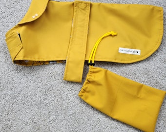 Lightweight spring / summer waterproof handmade mustard dog coat in carry bag