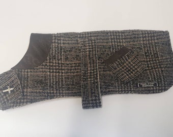 Brown tweed Dog coat with genuine leather trim