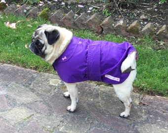 Lightweight spring / summer waterproof handmade purple dog coat in carry bag